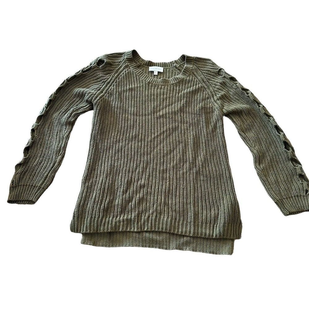 Lucky Brand Sweater Size XS Green Crew Neck Sleeve Cut Out Detail Pullover Knit